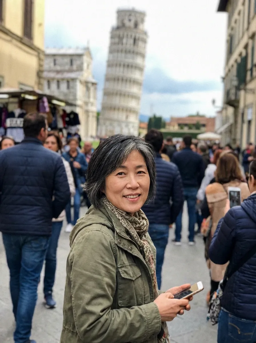Original selfie input — woman in a green jacket near the Leaning Tower of Pisa